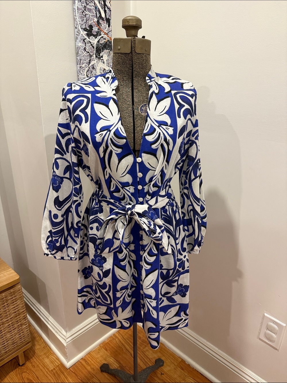 Zara Blue and White Floral Dress with Tie Waist
